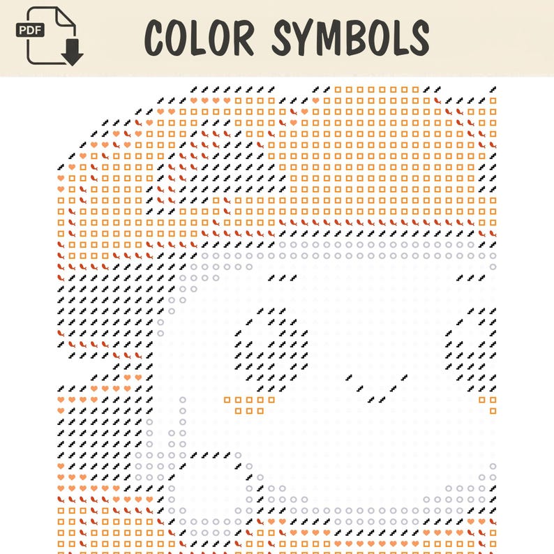 May include: A cross stitch pattern chart titled COLOR SYMBOLS featuring a grid of black, orange, and grey symbols including slashes, squares, hearts, and circles. The design outlines a character with hair and facial features on a white background.
