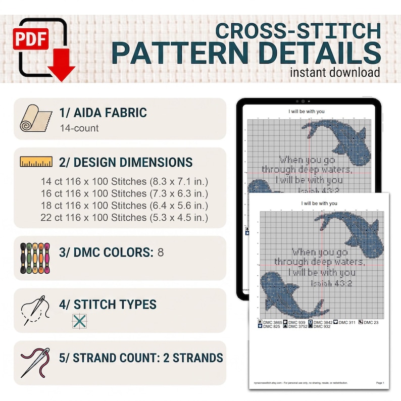 May include: A digital cross-stitch pattern titled I will be with you featuring two whale sharks and text from Isaiah 43:2. Details include 14-count Aida fabric, 8 DMC colours, 2 strands, and design dimensions ranging from 21.1 x 18.0 to 13.5 x 11.4 cm.