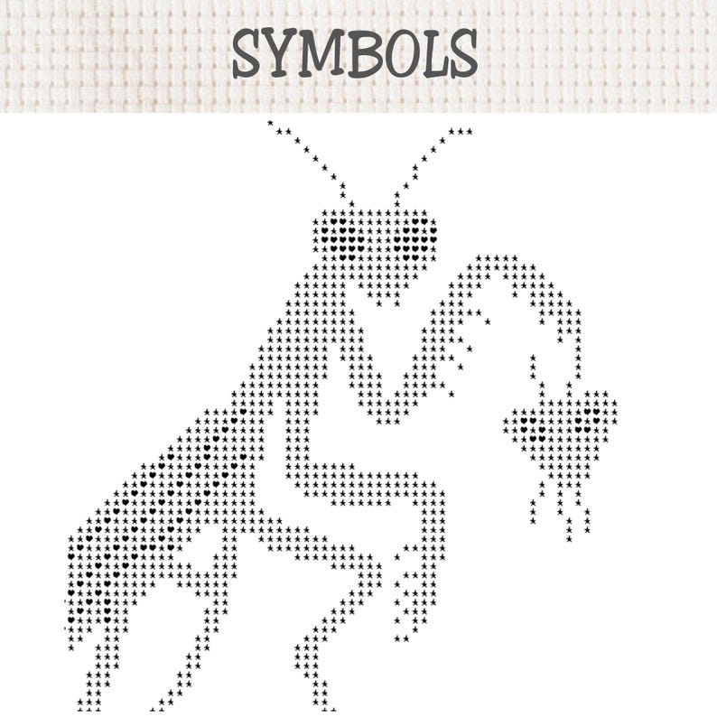 May include: A cross stitch pattern on white fabric featuring the word SYMBOLS at the top. Below, a praying mantis is depicted using a grid of small black stars and heart shapes, creating a detailed silhouette of the insect on a plain background.