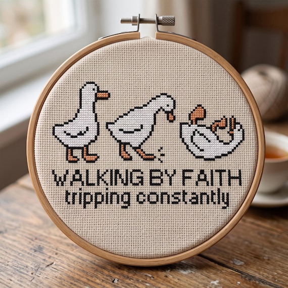 Walking By Faith Tripping Constantly Cross Stitch Pattern, Funny Goose Christian Needlepoint, Instant Download PDF