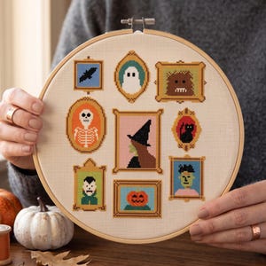 Halloween Portrait Gallery Cross Stitch Pattern, Vintage Spooky Haunted Mansion Frames Needlepoint Chart, Instant Download