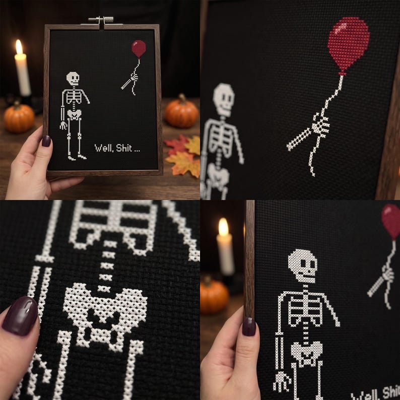 K&ouml;nnte beinhalten: Eine Kreuzstichstickerei in einem dunklen Holzrahmen mit einem wei&szlig;en Skelett auf schwarzem Grund. Dem Skelett fehlt ein Arm, w&auml;hrend eine abgetrennte Skeletthand einen roten Luftballon h&auml;lt. Der Text "Well, Shit..." ist in Wei&szlig; gestickt.