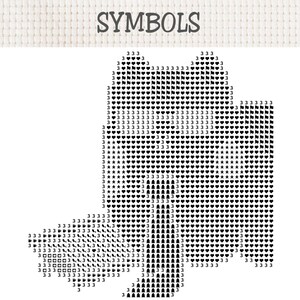 May include: A cross-stitch pattern chart titled SYMBOLS featuring a grid of black icons including hearts, stars, flags, and coffee mugs, interspersed with the number 3, arranged on a white fabric background for embroidery design reference.