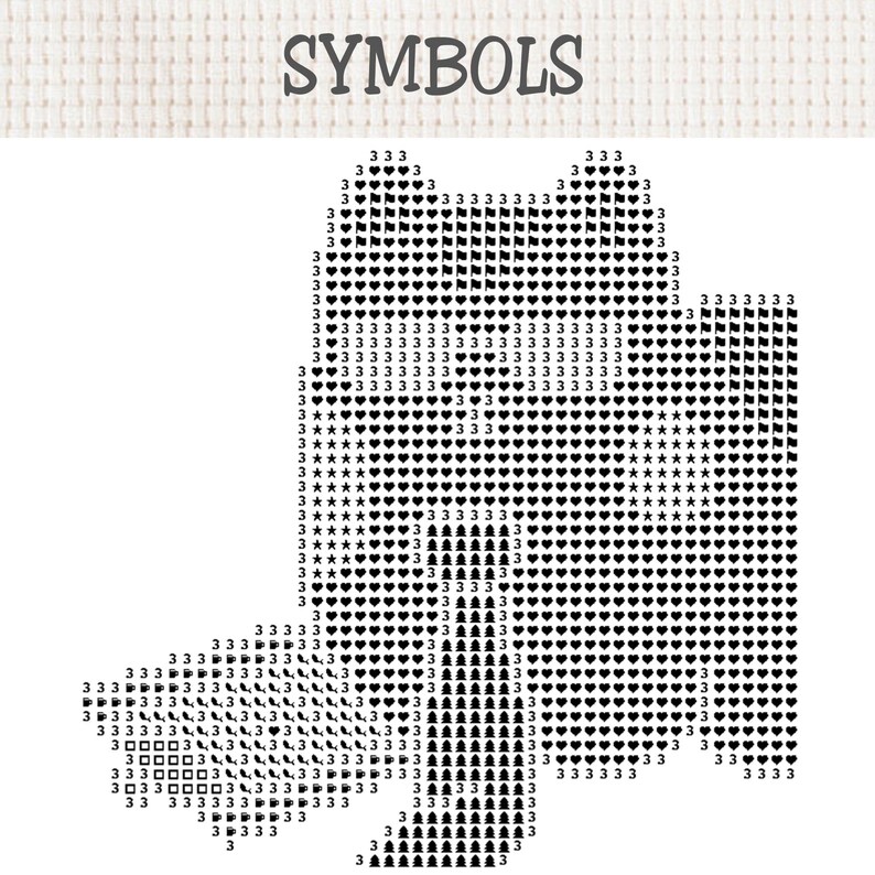 May include: A cross-stitch pattern chart titled SYMBOLS featuring a grid of black icons including hearts, stars, flags, and coffee mugs, interspersed with the number 3, arranged on a white fabric background for embroidery design reference.