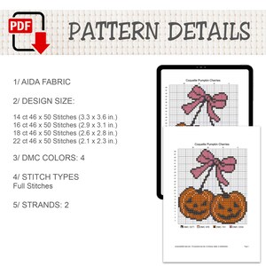 K&ouml;nnte beinhalten: Ein digitales Kreuzstichmuster mit dem Titel Coquette Pumpkin Cherries, das eine rosa Schleife und zwei orangefarbene K&uuml;rbisse zeigt. Das Dokument listet Aida-Stoffanforderungen, Designgr&ouml;&szlig;en von 8,4 x 9,1 cm bis 5,3 x 5,8 cm, 4 DMC-Farben und 2 F&auml;den auf.