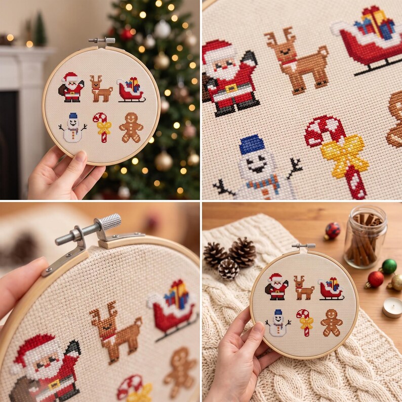 Pu&ograve; includere: Un telaio da ricamo circolare in legno contenente un motivo a punto croce su tessuto color crema. Il design presenta sei piccole icone natalizie: Babbo Natale, una renna, una slitta rossa con regali, un pupazzo di neve, un bastoncino di zucchero.
