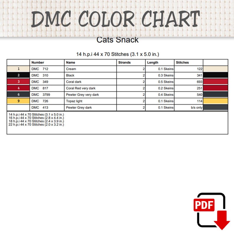 K&ouml;nnte beinhalten: Eine DMC-Farbkarte f&uuml;r ein Kreuzstichmuster mit dem Titel Cats Snack. Die Tabelle enth&auml;lt Garnnummern, Namen, Stranganzahl, Strangl&auml;ngen in Zoll und Stichanzahl f&uuml;r Farben wie Creme, Schwarz, Koralle, Zinngrau und Topas.