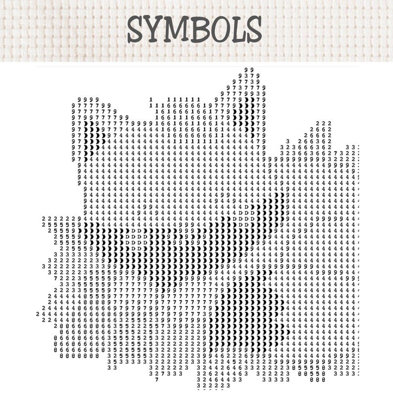 May include: A cross-stitch pattern chart on a white fabric background with the word SYMBOLS printed at the top. The design consists of a dense grid of black numbers and crescent moon icons arranged to form a large, complex leaf-like shape.