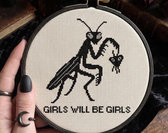 Korsstygn med bönsyrsa, nålstygn med feministiska insekter, direkt nedladdning