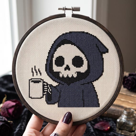 Grim Reaper Coffee Cross Stitch Pattern, Cute Death Coffee Needlepoint, Spooky Embroidery, Instant Download PDF