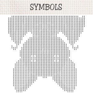 May include: A cross stitch pattern printed on white Aida fabric with the word SYMBOLS at the top. The design features a grid of black numbers 1, 2, and 3 arranged to form a specific shape, providing a clear guide for embroidery projects.