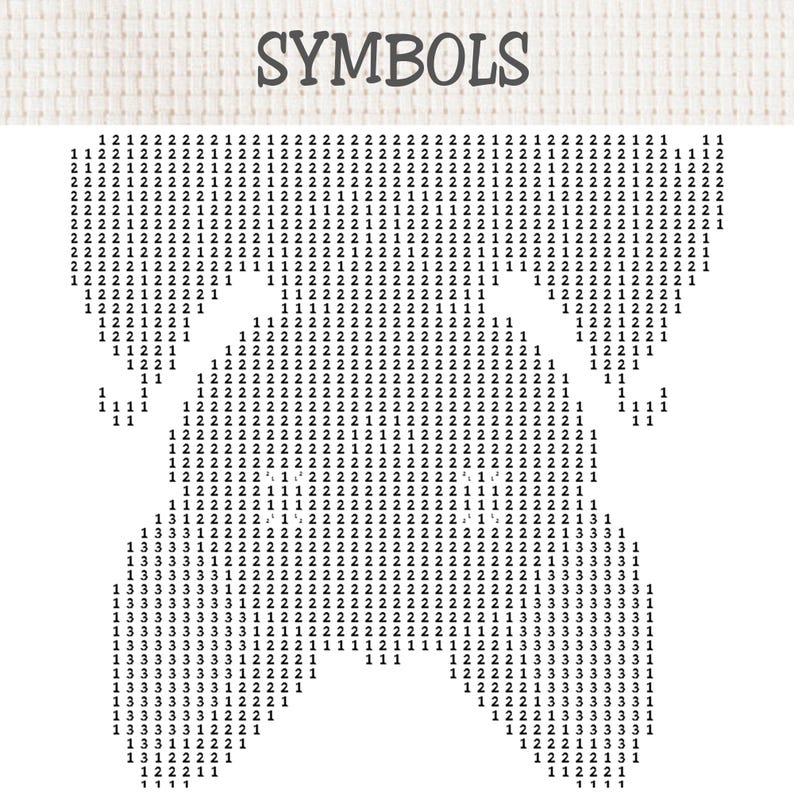 May include: A cross stitch pattern printed on white Aida fabric with the word SYMBOLS at the top. The design features a grid of black numbers 1, 2, and 3 arranged to form a specific shape, providing a clear guide for embroidery projects.