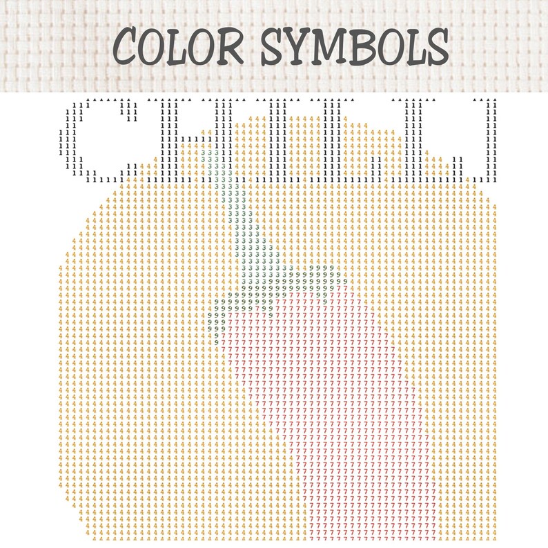 Pu&ograve; includere: Uno schema per punto croce su tessuto Aida bianco con il testo COLOR SYMBOLS in alto. La griglia mostra un motivo numerico con cifre nere, beige, azzurre, blu scuro e rosse che rappresentano specifici colori di filo.