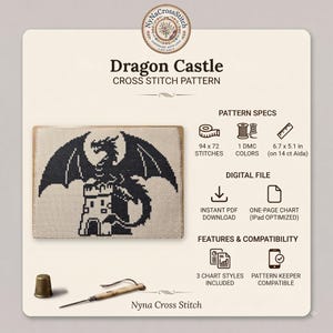 Peut inclure: Un mod&egrave;le de point de croix Dragon Castle repr&eacute;sentant une silhouette de dragon noir sur une tour de ch&acirc;teau. Le motif comprend 94 par 72 points, 1 couleur DMC, et mesure 17,0 par 13,0 cm sur Aida 14 ct. Inclut un PDF num&eacute;rique, un diagramme sur une page et est compatible avec Pattern Keeper.