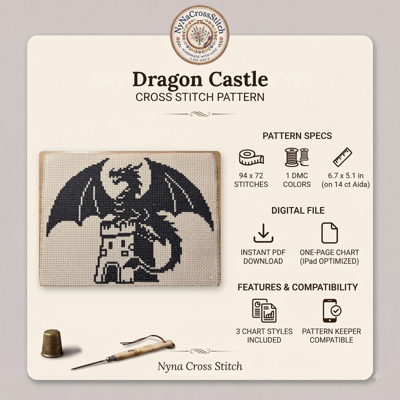 Peut inclure: Un mod&egrave;le de point de croix Dragon Castle repr&eacute;sentant une silhouette de dragon noir sur une tour de ch&acirc;teau. Le motif comprend 94 par 72 points, 1 couleur DMC, et mesure 17,0 par 13,0 cm sur Aida 14 ct. Inclut un PDF num&eacute;rique, un diagramme sur une page et est compatible avec Pattern Keeper.