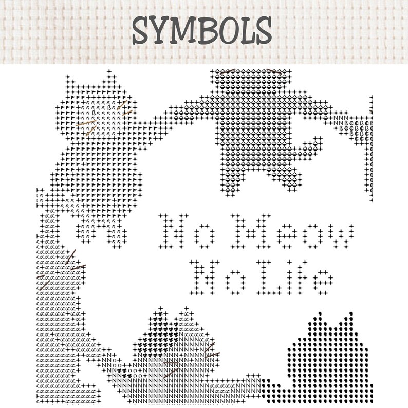 K&ouml;nnte beinhalten: Ein schwarz-wei&szlig;es Kreuzstichmuster mit drei Katzen und dem Text No Meow No Life. Das Design verwendet verschiedene Symbole wie Pluszeichen, Buchstaben und geometrische Formen, um die Katzenfiguren und den Text auf einem Raster darzustellen.