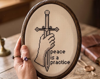 Medieval Cross Stitch Pattern | Peace Is A Practice Sword Needlepoint Chart | Cute Animal Embroidery | Instant Download PDF