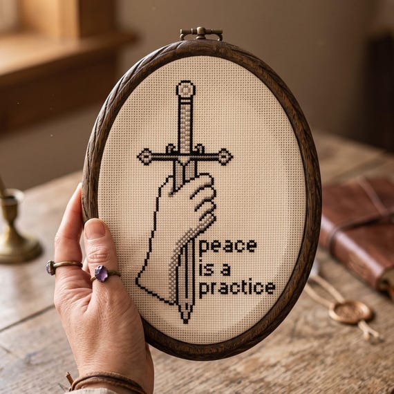 Medieval Cross Stitch Pattern | Peace Is A Practice Sword Needlepoint Chart | Cute Animal Embroidery | Instant Download PDF