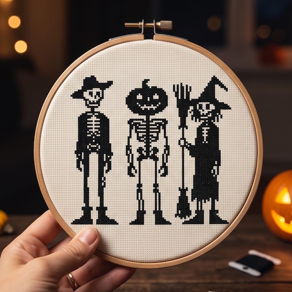 Skeleton Cowboy Pumpkinhead Witch Cross Stitch Pattern, Spooky Halloween Needlepoint Chart, Instant Download