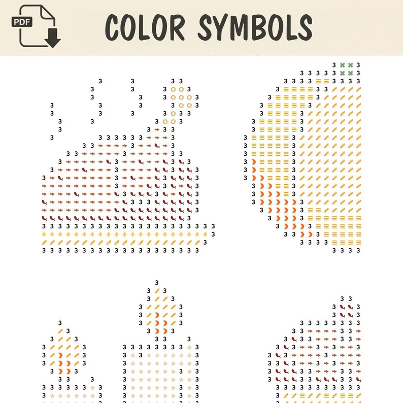 Może przedstawiać: Cyfrowy dokument PDF zatytułowany COLOR SYMBOLS zawierający przewodnik po wzorze do haftu krzyżykowego. Strona przedstawia cztery oddzielne sekcje siatki wypełnione cyfrą 3, kolorowymi strzałkami, liniami i gwiazdkami.
