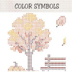 May include: A cross-stitch pattern chart titled COLOR SYMBOLS featuring a tree, a bench, and falling leaves. The design uses various icons in shades of orange, yellow, red, and brown to represent different thread colors on a white grid background.