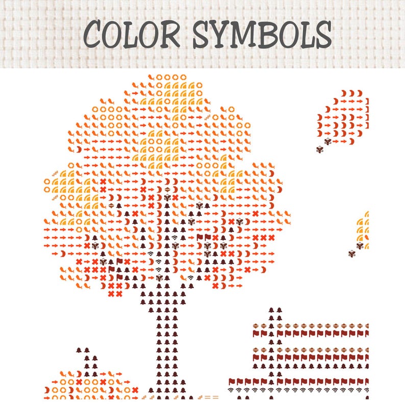 May include: A cross-stitch pattern chart titled COLOR SYMBOLS featuring a tree, a bench, and falling leaves. The design uses various icons in shades of orange, yellow, red, and brown to represent different thread colors on a white grid background.