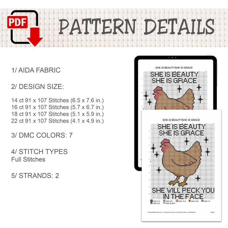 Patrón de punto de cruz de gallina divertida / Ella es belleza, ella es gracia / Bordado de animales de granja sarcásticos / Decoración rústica de granja / Descarga instantánea imagen 3