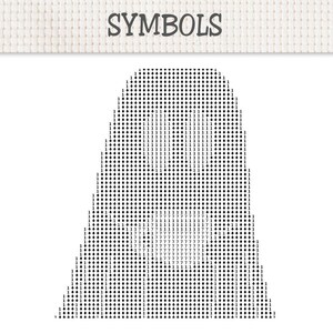 Op de afbeelding: Een kruissteekpatroon op witte Aida-stof met het woord SYMBOLS bovenaan gedrukt. Het ontwerp is een zwart-wit raster met een klokvormige omtrek gevuld met herhalende cijfers 1 en 7 en ruitvormige symbolen.