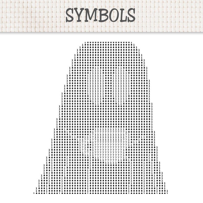 Op de afbeelding: Een kruissteekpatroon op witte Aida-stof met het woord SYMBOLS bovenaan gedrukt. Het ontwerp is een zwart-wit raster met een klokvormige omtrek gevuld met herhalende cijfers 1 en 7 en ruitvormige symbolen.