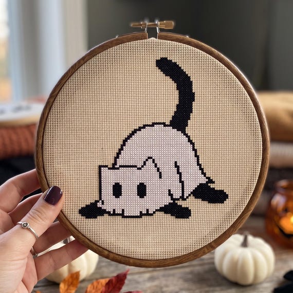 Black Cat Spooky Cross Stitch Pattern, Cute Kitten Needlepoint, Halloween Cross Stitch, Easy Beginner DIY, Instant Download PDF