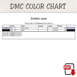 K&ouml;nnte beinhalten: Eine DMC-Farbkarte mit dem Titel Zombie Juice, die eine Tabelle mit Garnnummern, Namen und Stichzahlen enth&auml;lt. Sie listet die Farben Pale Lavender und Black mit 14 h.p.i. Ma&szlig;en von 6,1 mal 20,3 cm sowie weitere metrische Stichgr&ouml;&szlig;endaten auf.