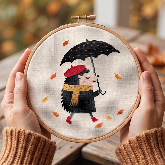 Hedgehog Cross Stitch Pattern PDF, Rainy Day Hedgehog, Autumn Fall Xstitch, Cute Animal Cross Stitch, Pattern Keeper