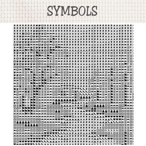 May include: A cross-stitch pattern chart titled SYMBOLS, featuring a dense grid of black and white geometric icons, including stars, arrows, squares, circles, and flags, organized into rows and columns on a white fabric background.