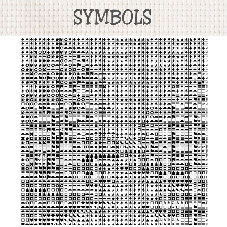 May include: A cross-stitch pattern chart titled SYMBOLS, featuring a dense grid of black and white geometric icons, including stars, arrows, squares, circles, and flags, organized into rows and columns on a white fabric background.