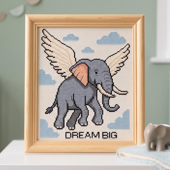 Dream Big Elephant Cross Stitch Pattern| Flying Elephant Wings Clouds Nursery Needlepoint Chart | Cute Animal Instant Download