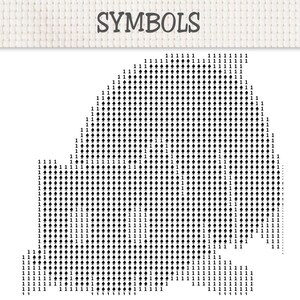 May include: A cross-stitch pattern chart on white fabric with the word SYMBOLS printed at the top. The design features a grid filled with the number 1 and black spade symbols arranged to form a rounded shape against a plain white background.