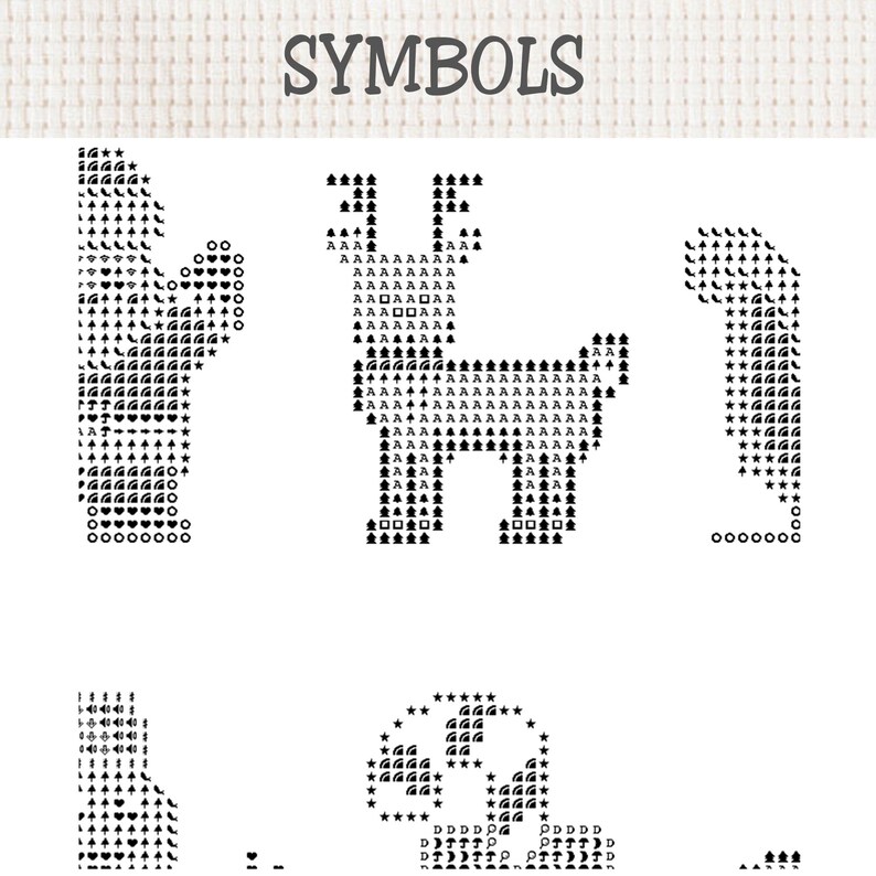 Pu&ograve; includere: Uno schema per punto croce intitolato SYMBOLS con icone nere disposte in griglie. Il design include una sagoma centrale di cervo, un blocco rettangolare verticale e una forma curva, composti da vari piccoli simboli geometrici.