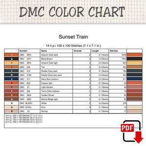 Puede incluir: Una tabla de colores DMC titulada Sunset Train para un patr&oacute;n de punto de cruz. La tabla enumera n&uacute;meros de hilo, nombres, n&uacute;mero de hebras, longitudes de madejas en cm y n&uacute;mero de puntadas para 14, 16, 18 y 22 h.p.i. Icono PDF incluido.