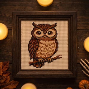 May include: A square cross-stitch embroidery featuring a brown owl perched on a branch, set within a dark brown wooden frame. The owl has large, round eyes and detailed plumage rendered in shades of brown, tan, and black on a cream fabric.