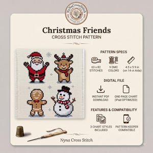 May include: A Christmas Friends cross stitch pattern featuring Santa, a reindeer, a gingerbread person, and a snowman. The digital file includes a one-page chart, 9 DMC colours, and measures 11.4 by 15.0 cm on 14 count Aida fabric.