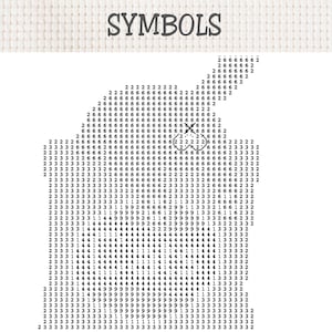 K&ouml;nnte beinhalten: Ein Kreuzstichmuster auf wei&szlig;em Aida-Stoff mit dem Wort SYMBOLS am oberen Rand. Das Design besteht aus numerischen Ziffern, die in einem Raster angeordnet sind, um eine Figurenform darzustellen, wobei ein Bereich mit einem X markiert ist.