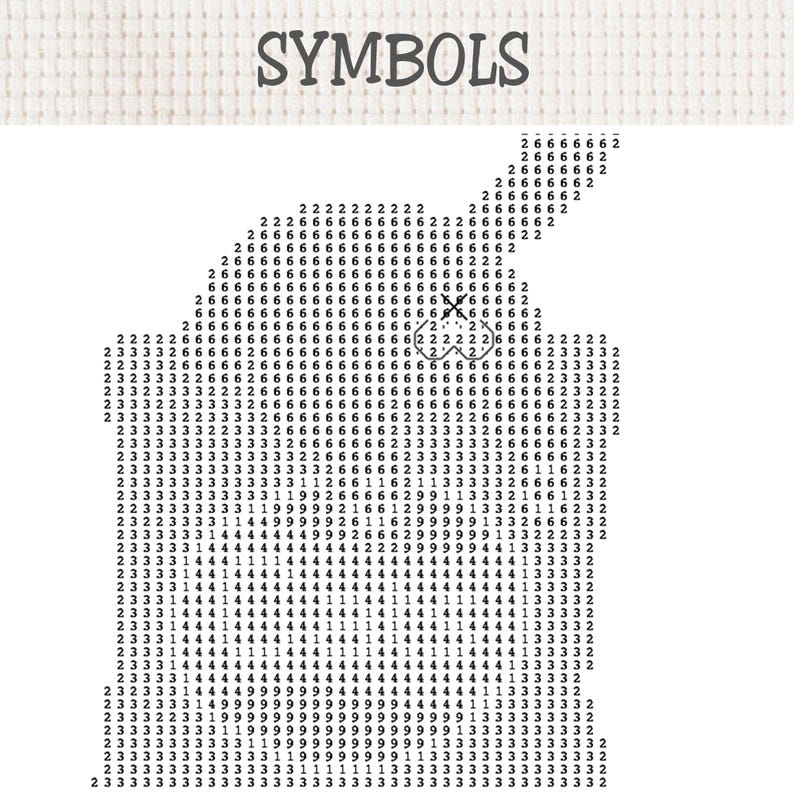 K&ouml;nnte beinhalten: Ein Kreuzstichmuster auf wei&szlig;em Aida-Stoff mit dem Wort SYMBOLS am oberen Rand. Das Design besteht aus numerischen Ziffern, die in einem Raster angeordnet sind, um eine Figurenform darzustellen, wobei ein Bereich mit einem X markiert ist.
