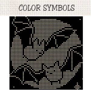Puede incluir: Un patr&oacute;n de punto de cruz titulado COLOR SYMBOLS con fondo negro y un dise&ntilde;o pixelado de corazones blancos. El gr&aacute;fico muestra un murci&eacute;lago estilizado con las alas extendidas, compuesto en su totalidad por peque&ntilde;os iconos de corazones.