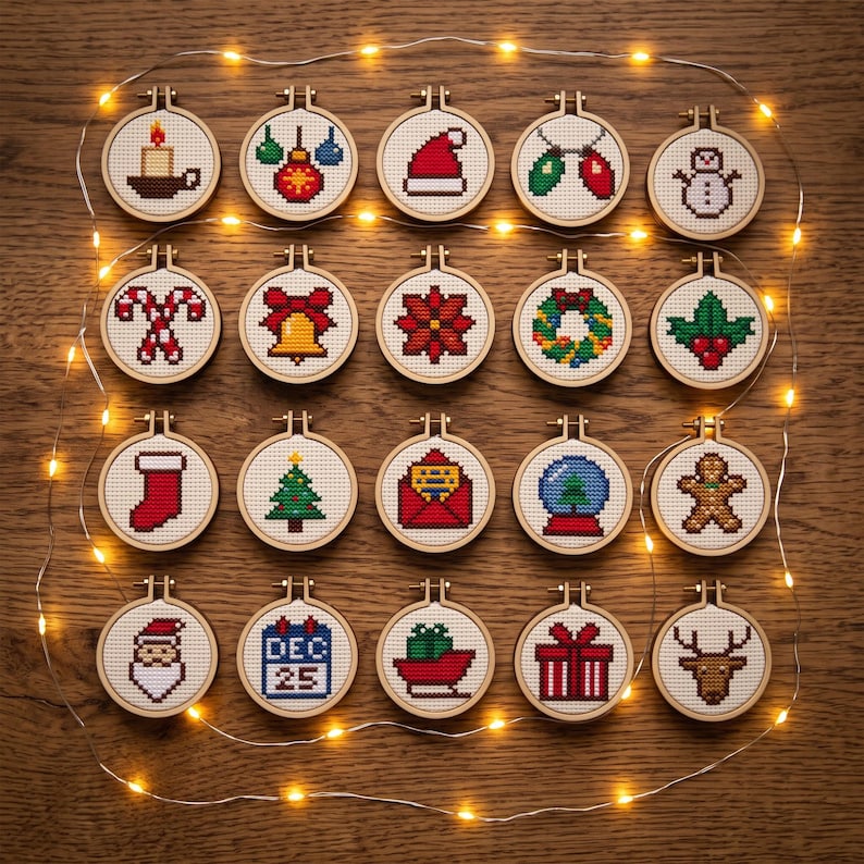 Pode incluir: Vinte bastidores de bordado circulares de madeira contendo padr&otilde;es de ponto cruz de &iacute;cones de Natal, incluindo uma vela, enfeites, um gorro de Pai Natal, luzes, um boneco de neve, um bengala doce, um sino, uma poins&eacute;tia, uma coroa, azevinho, uma meia, uma &aacute;rvore, um envelope, um globo de neve, um boneco de gengibre, o Pai Natal, um calend&aacute;rio, um tren&oacute;, um presente e uma rena.