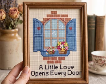 A Little Love Opens Every Door Cross Stitch Pattern, Cottagecore Blue Window Flowers Needlepoint Chart, Instant Download