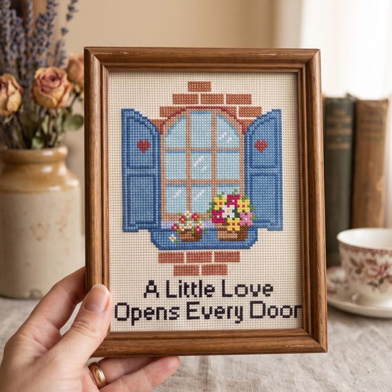 A Little Love Opens Every Door Cross Stitch Pattern, Cottagecore Blue Window Flowers Needlepoint Chart, Instant Download