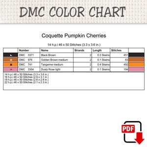 K&ouml;nnte beinhalten: Eine DMC-Farbkarte f&uuml;r ein Kreuzstichmuster mit dem Titel Coquette Pumpkin Cherries. Die Tabelle listet die DMC-Nummern 3371, 976, 741 und 3354 mit den entsprechenden Farben, Strangzahlen, Strangl&auml;ngen und Stichzahlen in cm auf.