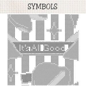 May include: A black and white cross stitch pattern chart titled SYMBOLS, featuring a grid of various small icons including stars, circles, flags, and geometric shapes arranged in a dense, structured layout on a textured fabric background.
