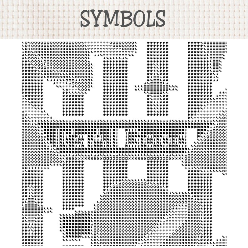 May include: A black and white cross stitch pattern chart titled SYMBOLS, featuring a grid of various small icons including stars, circles, flags, and geometric shapes arranged in a dense, structured layout on a textured fabric background.
