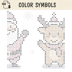 May include: A digital cross-stitch pattern titled COLOR SYMBOLS featuring two figures. The left figure is a person in a hat and the right figure is a reindeer. Both are composed of various black, red, and tan symbols on a white background.